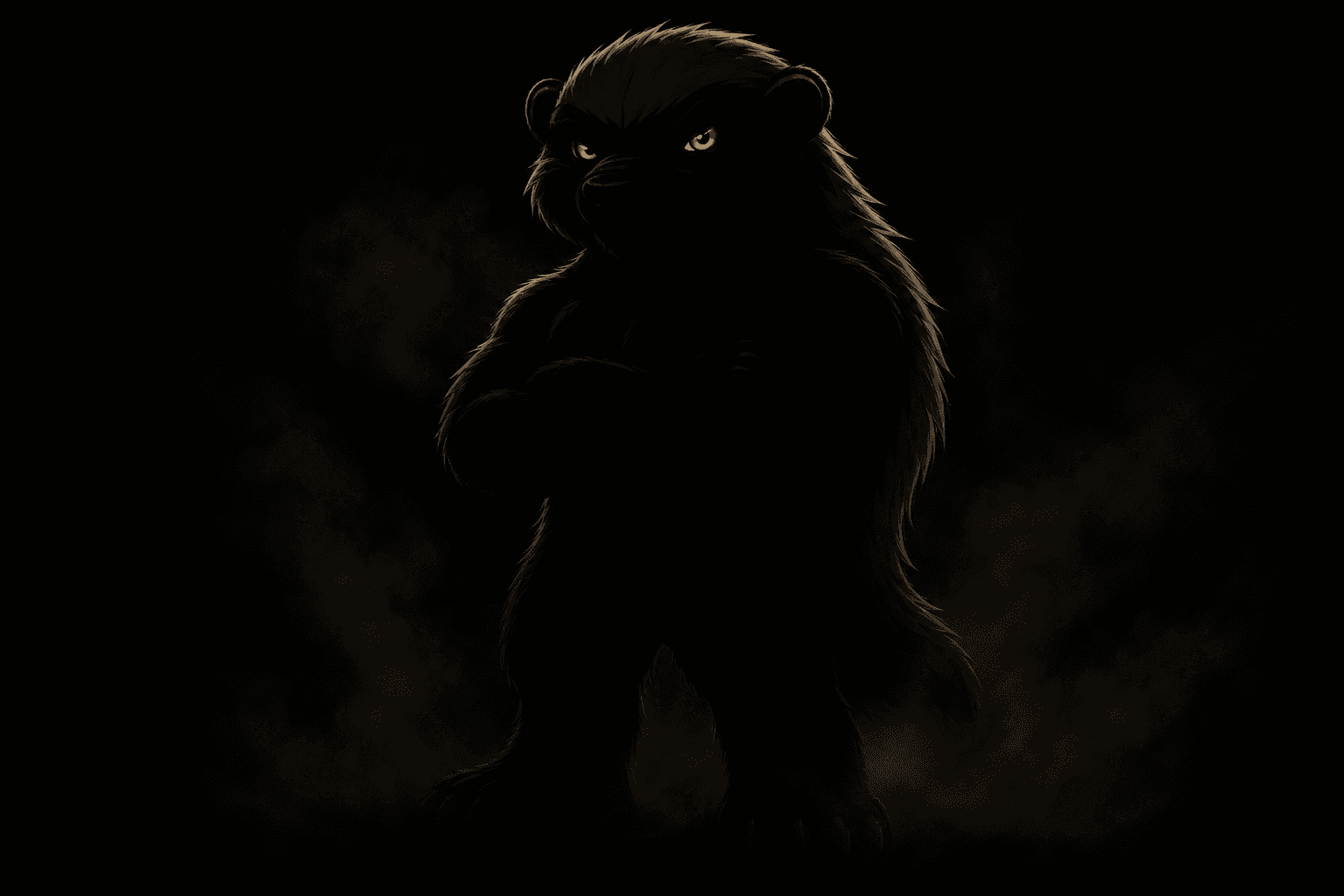 A honey badger standing in darkness, its amber eyes glowing